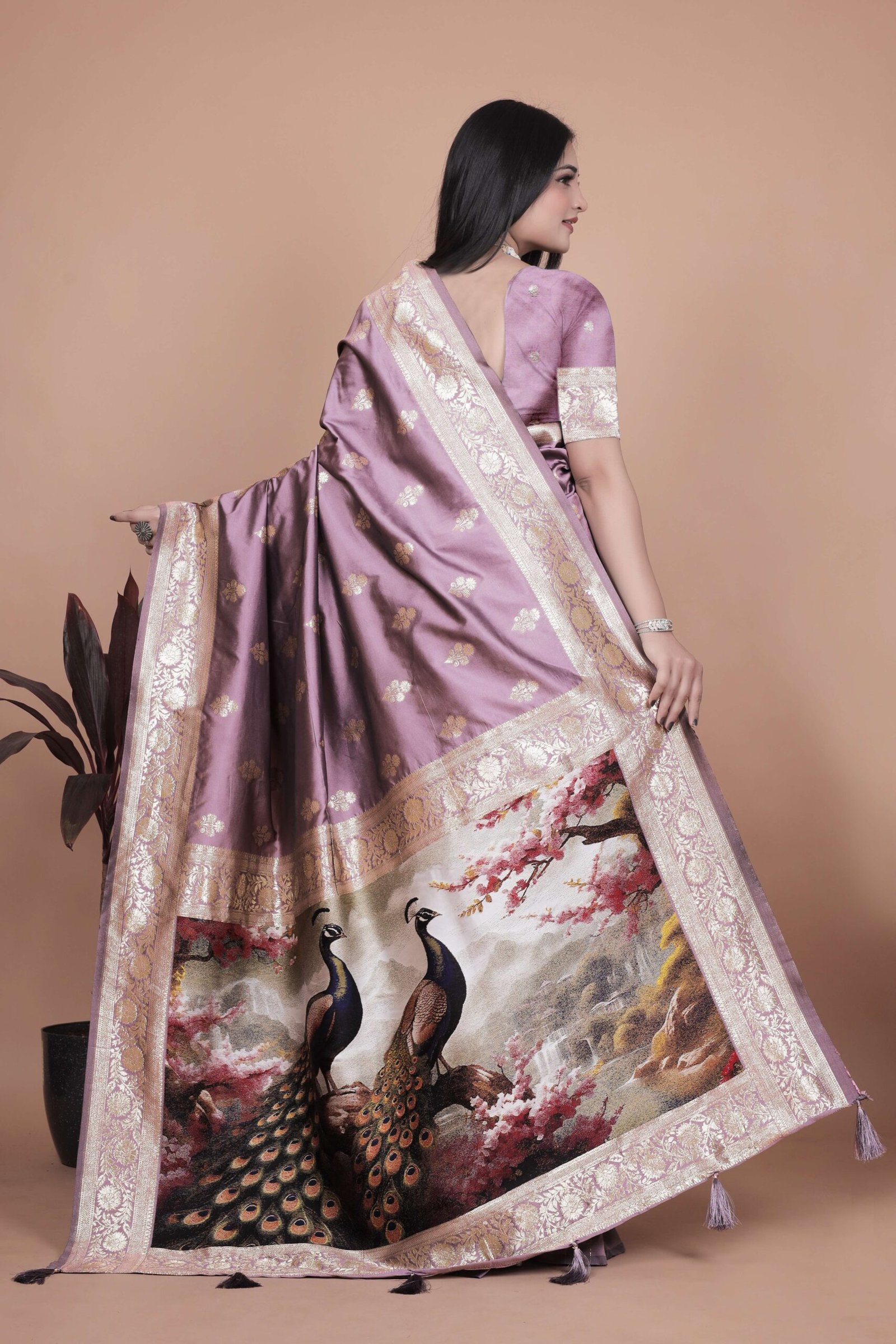Lavender Banarasi Silk Saree with Golden Zari & Peacock Motif Pallu | Wedding, Festive & Traditional Wear - Image 5