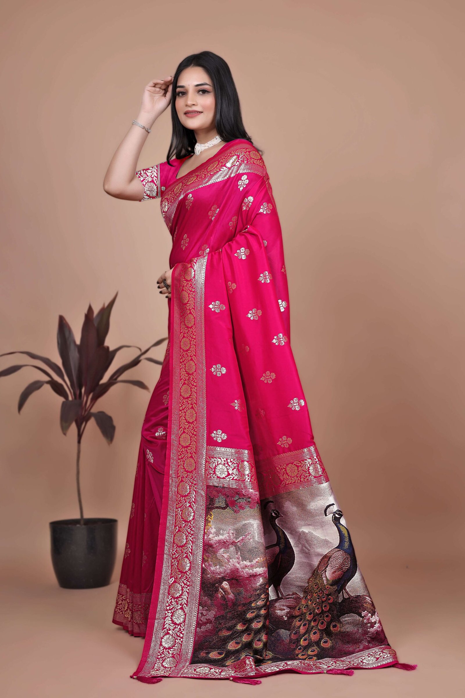 Majestic Magenta Silk Saree with Silver Zari & Twin Peacock Pallu | Wedding, Festive & Traditional Wear - Image 3