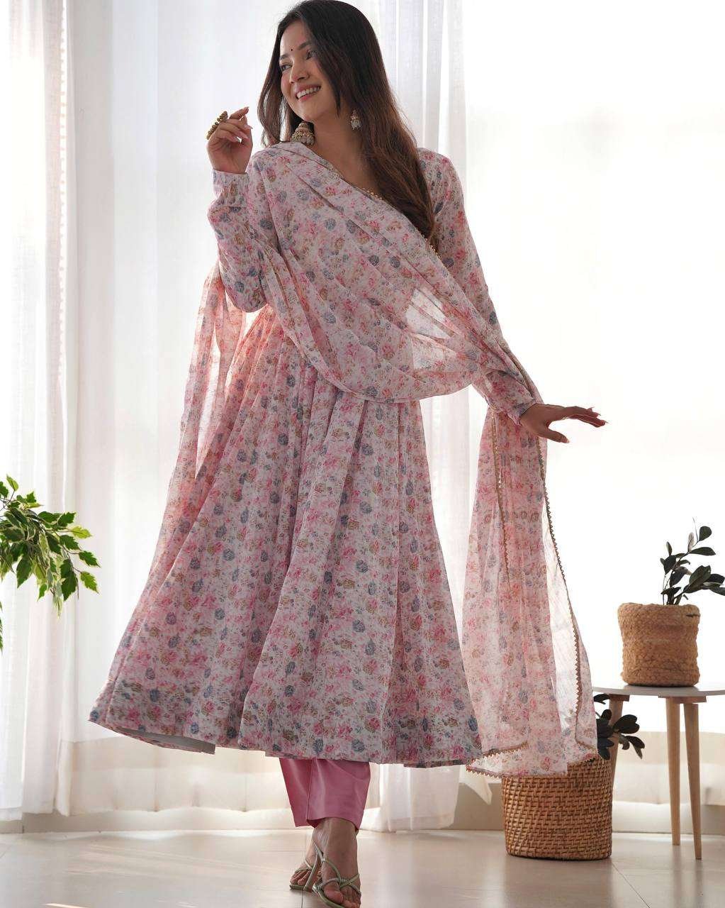 Womens Crunchy Silk Anarkali Kurti with Pant & Dupatta Set - Image 7